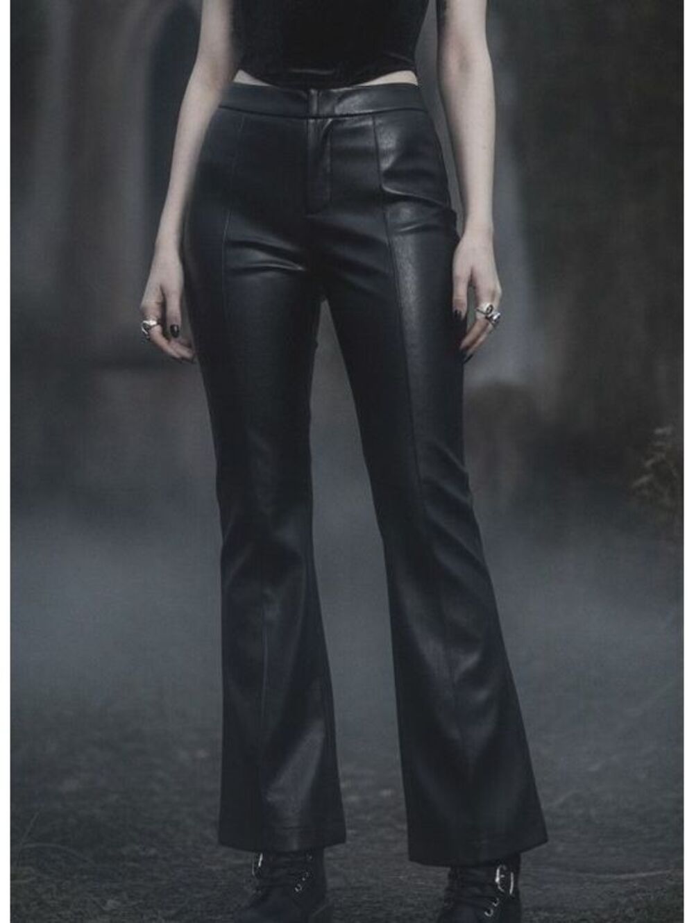 Avec Les Filles Black Faux Leather Flare Pants Coated Trousers Chic Goth